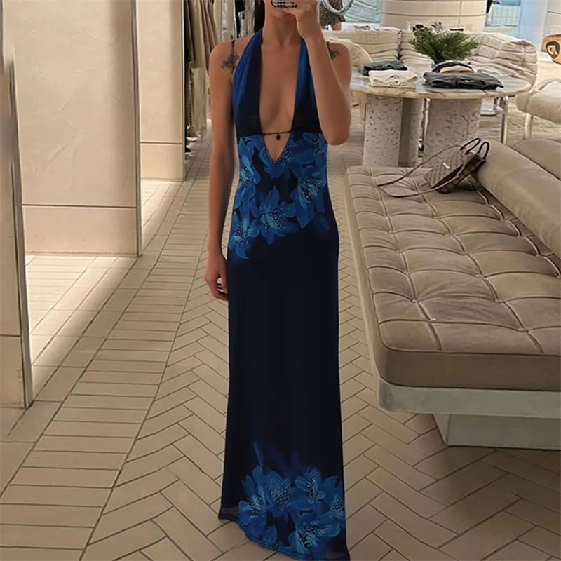 Deep V Neck Print Sexy Maxi Dress Women Gown Blue Halter Sleeveless Backless High Waist Split Long Dress Clubwear