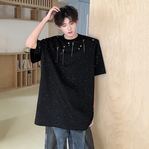 Load image into Gallery viewer, Niche Design Men&#39;s T-shirt Round Collar Short Sleeve Loose Male Tassel Rivet Shoulder Pad Male T-shirts Casual Tees 9C6251
