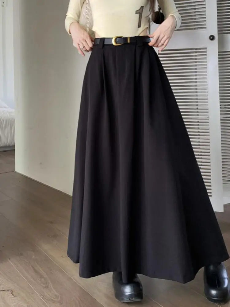 Autumn Black Pockets Long Skirt Women With Belt 2023 Fashion Korean Ladies High Waist Pleated A-line Grey Suit Skirt Female Chic