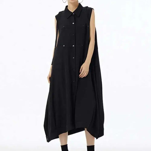 Load image into Gallery viewer, Women Army Green Button Big Size Midi Casual Shirt Dress New Lapel Sleeveless Fashion Tide Spring Summer 2025  1DH6614
