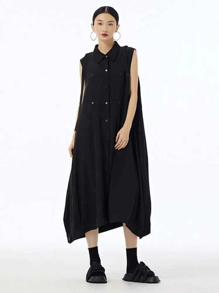 Women Army Green Button Big Size Midi Casual Shirt Dress New Lapel Sleeveless Fashion Tide Spring Summer 2025  1DH6614