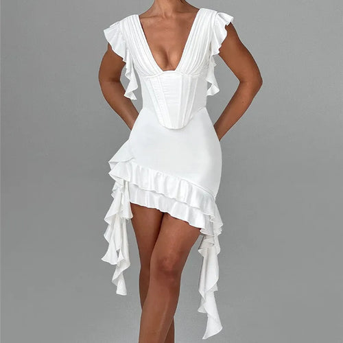 Load image into Gallery viewer, Deep V Neck Backless Draped Ruffle Mini Dress For Women Fashion Sleeveless Bodycon Club Party Sexy Dress Elegant
