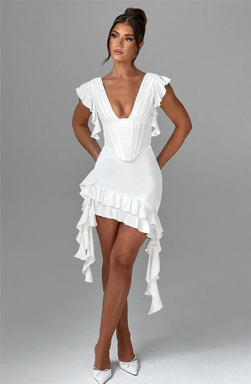 Deep V Neck Backless Draped Ruffle Mini Dress For Women Fashion Sleeveless Bodycon Club Party Sexy Dress Elegant