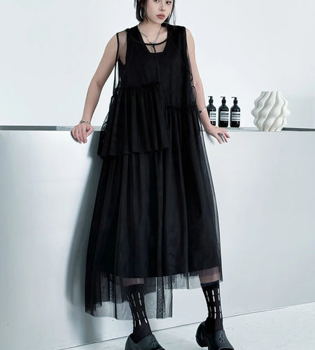 Women Black Khaki Mesh Perspctive Big Size Long Dress New Round Neck Sleeveless Fashion Tide Spring Autumn 2025  1DJ1064