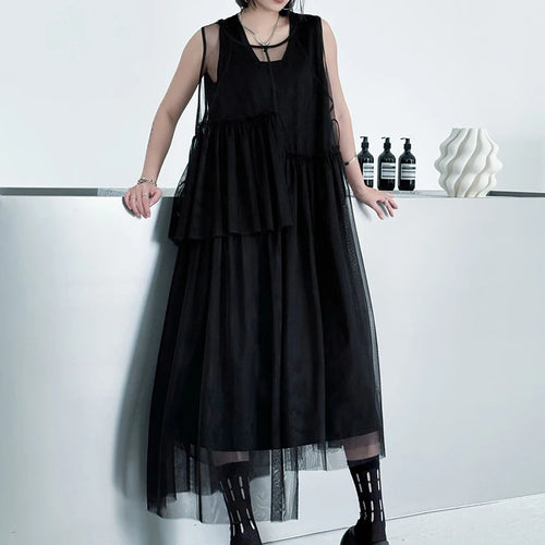 Load image into Gallery viewer, Women Black Khaki Mesh Perspctive Big Size Long Dress New Round Neck Sleeveless Fashion Tide Spring Autumn 2025  1DJ1064
