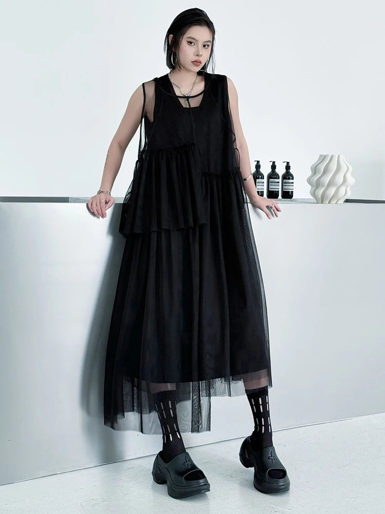 Women Black Khaki Mesh Perspctive Big Size Long Dress New Round Neck Sleeveless Fashion Tide Spring Autumn 2025  1DJ1064