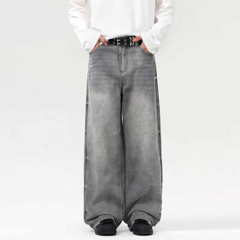 Men's Jeans New American Style Solid Color Loose Cleanfit Trendy Straight Wide Leg Male Denim Trousers Summer 2025 9W1308