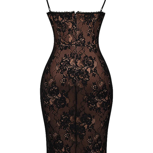 Load image into Gallery viewer, Lace Print Spaghetti Strap Sexy Midi Dress For Women Black Sleeveless Backless Bodycon Club Party Printed Long Dress
