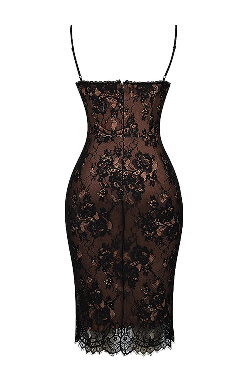 Lace Print Spaghetti Strap Sexy Midi Dress For Women Black Sleeveless Backless Bodycon Club Party Printed Long Dress