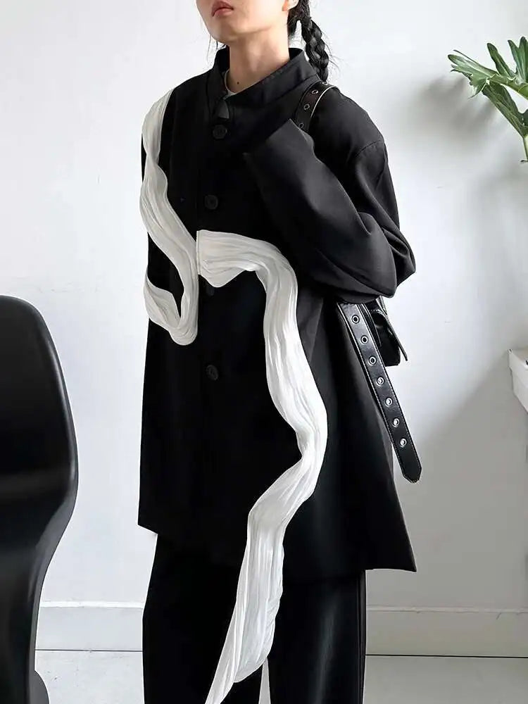 Women Ribbons Color-block Big Size Blazer New Stand Collar Long Sleeve Jacket Fashion Tide Spring Autumn 2025 1DH8156