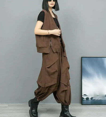 Big Size Coffee Vest Wide Leg Pants Two Piece Suit New V-Neck Sleeveless Women Fashion Tide Spring Autumn 2025 1DH8108