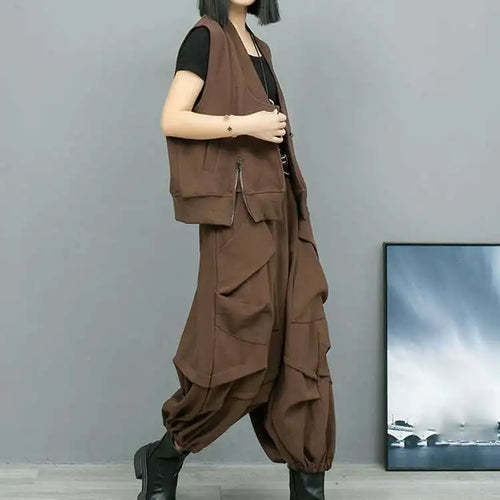 Load image into Gallery viewer, Big Size Coffee Vest Wide Leg Pants Two Piece Suit New V-Neck Sleeveless Women Fashion Tide Spring Autumn 2025 1DH8108
