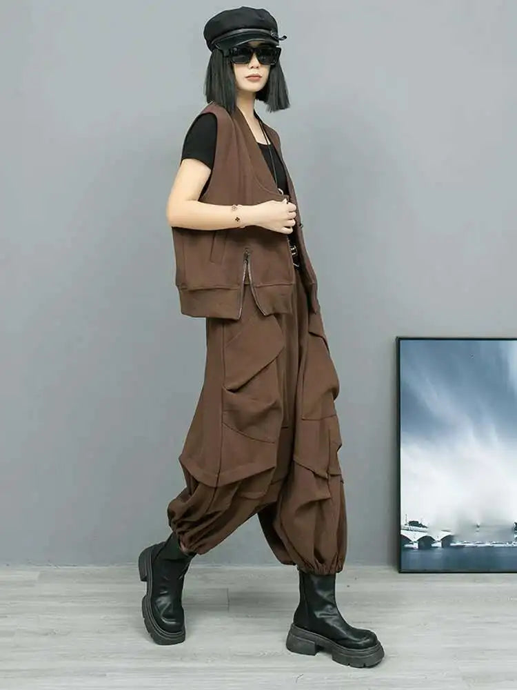 Big Size Coffee Vest Wide Leg Pants Two Piece Suit New V-Neck Sleeveless Women Fashion Tide Spring Autumn 2025 1DH8108