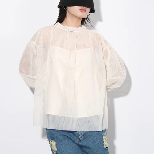 Load image into Gallery viewer, Solid Patchwork Mesh Elegant Shirts For Women Round Neck Lantern Sleeve Spliced Folds Casual Pullover Shirt Female
