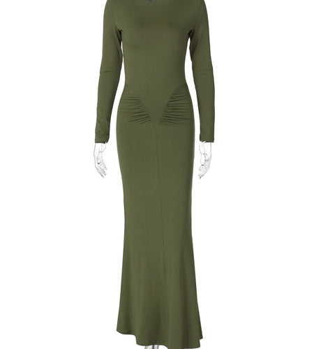 Women Elegant Solid Long Sleeve Ruched Sexy Bodycon Maxi Prom Dress Spring New Y2K Outfits Birthday Party Vacation