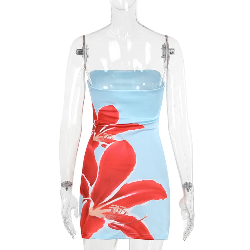 Strapless Backless Print Dress For Women Fashion Patchwork Off-shoulder Sleeveless Bodycon Club Party Print Mini Dress