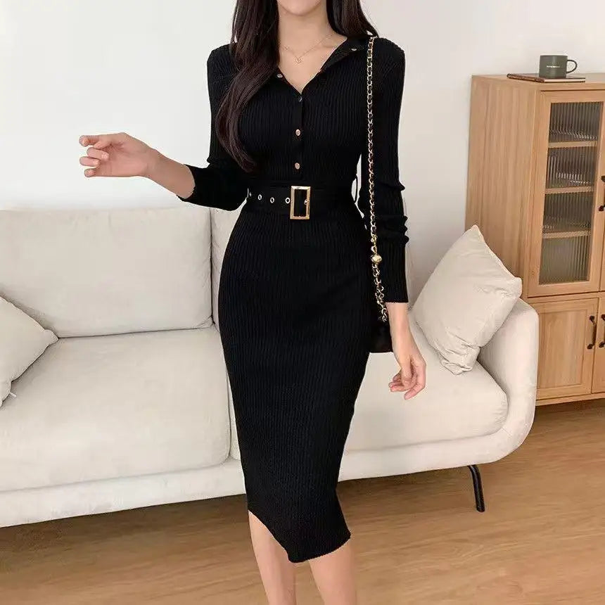 French Women Solid Single Breasted Long Sleeved Midi Dresses Autumn Winter New Temperament Slim Knitted A-line Dress Round Neck
