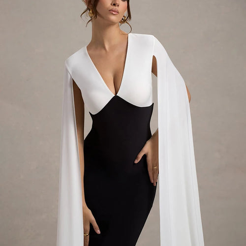 Load image into Gallery viewer, Cape Sleeve V Neck Sexy Maxi Dress For Women White Black Patchwork Backless Bodycon Evening Sexy Long Dress Elegant
