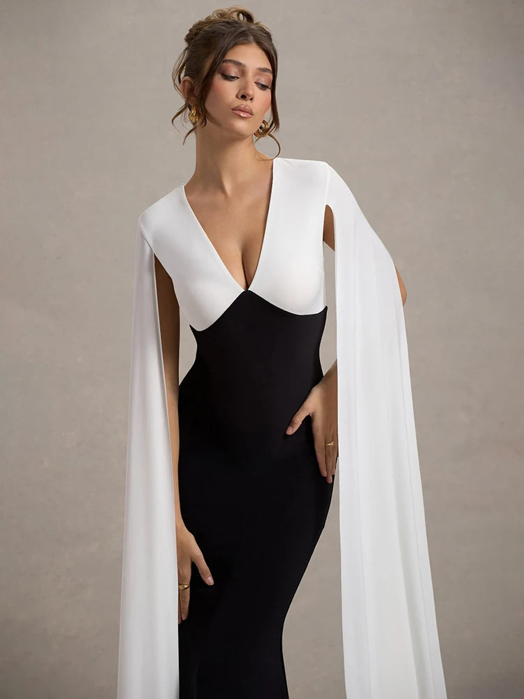 Cape Sleeve V Neck Sexy Maxi Dress For Women White Black Patchwork Backless Bodycon Evening Sexy Long Dress Elegant