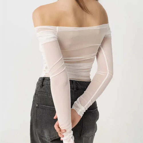 Load image into Gallery viewer, Summer Mesh Off-shoulder T-shirt Women Fashion Pleated Bust Backless Tees Tops Female Elegant Strapless See Through Top
