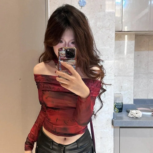 Load image into Gallery viewer, Women Gauze Y2k Aesthetic Crop Top Harajuku Slim Fit Vintage Sexy Print T-shirt Summer Streetwear Slash Neck Grunge Fairy Tees
