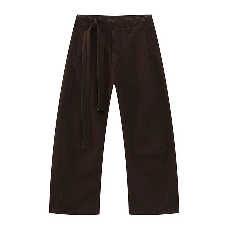 Men's Jeans Straight Leg Design New Korean Handsome Solid Color Denim Pants Belt Loose Fashion Male Bottoms Spring 9W1590