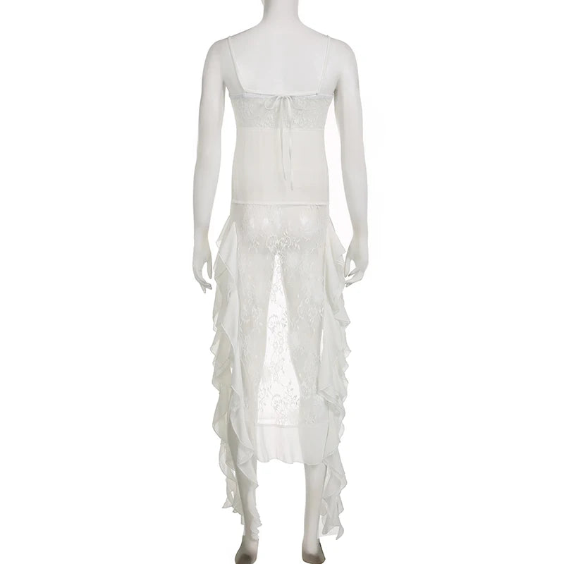 Streetwear Design White Chiffon Top Lace Patchwork Ruffles Summer Two Pieces Set Women Camisole Fringe Party Outfits