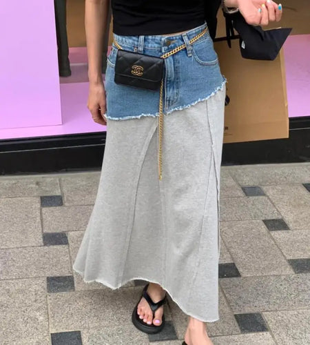 Spring Summer 2023 New Vintage Elegant High Waisted Long Denim Skirt Women Jeans Patchwork Cotton Wrap Buttocks Skirts Fashion