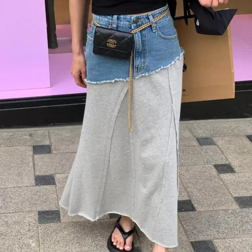 Load image into Gallery viewer, Spring Summer 2023 New Vintage Elegant High Waisted Long Denim Skirt Women Jeans Patchwork Cotton Wrap Buttocks Skirts Fashion
