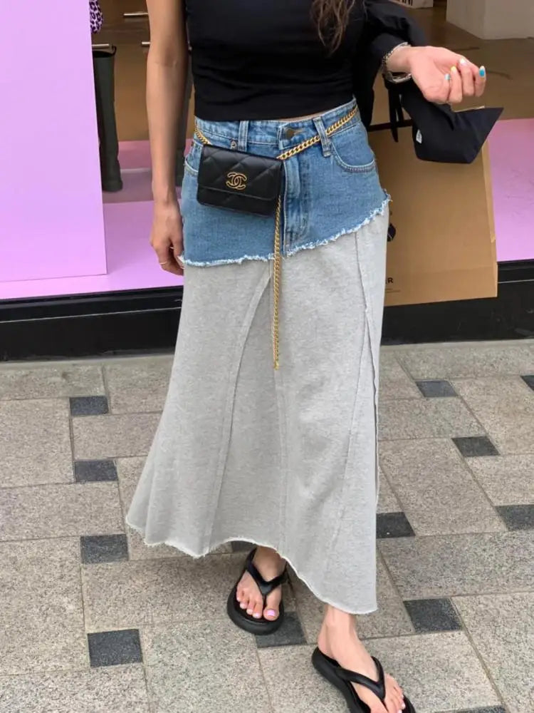 Spring Summer 2023 New Vintage Elegant High Waisted Long Denim Skirt Women Jeans Patchwork Cotton Wrap Buttocks Skirts Fashion