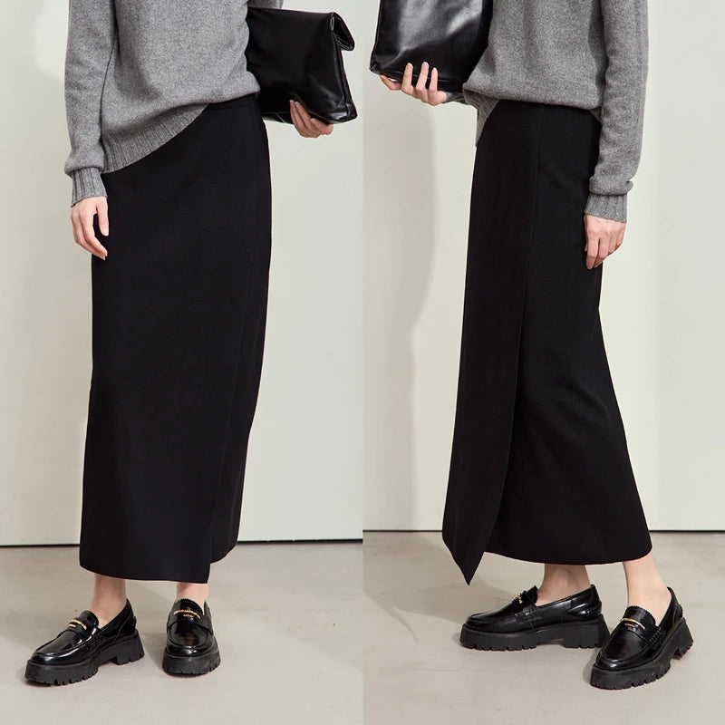 Minimalist Elegant Basics Knitted Skirts for Women 2024 Winter New Elastic Waist Straight Lady Commuter Long Skirt 12443250