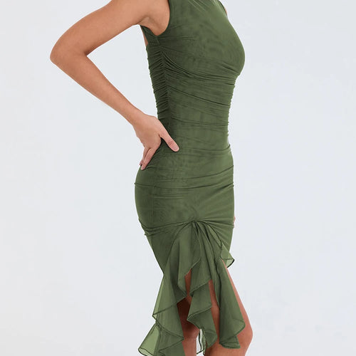 Load image into Gallery viewer, Elegant Ruffle Ruched Midi Dress For Women Robe Summer New Backless Sleeveless Irregular Club Party Sexy Dress Vestido
