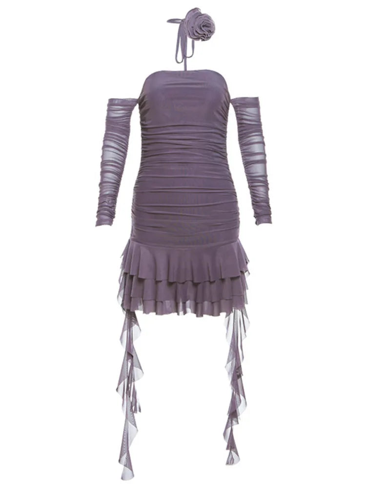 Autumn/Winter New Sexy One Line Neck Fashion Lace Up Wrap Hip Women Dress Ruffle Edge Tight Party Evening Dress