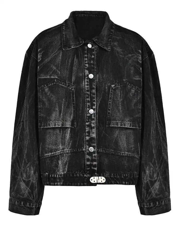 Loose Fit Black Denim Pocket Big Size Casual Jacket New Lapel Long Sleeve Women Coat Fashion Spring Autumn 2025 CPG0026