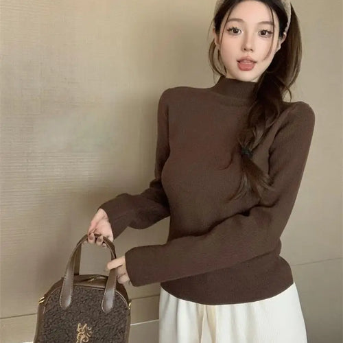 Load image into Gallery viewer, Solid Warm Elegant Fashion Half Turtleneck Sweater Women 2023 Autumn Winter Vintage Basic Long Sleeve Plush Pullover Tops Simple
