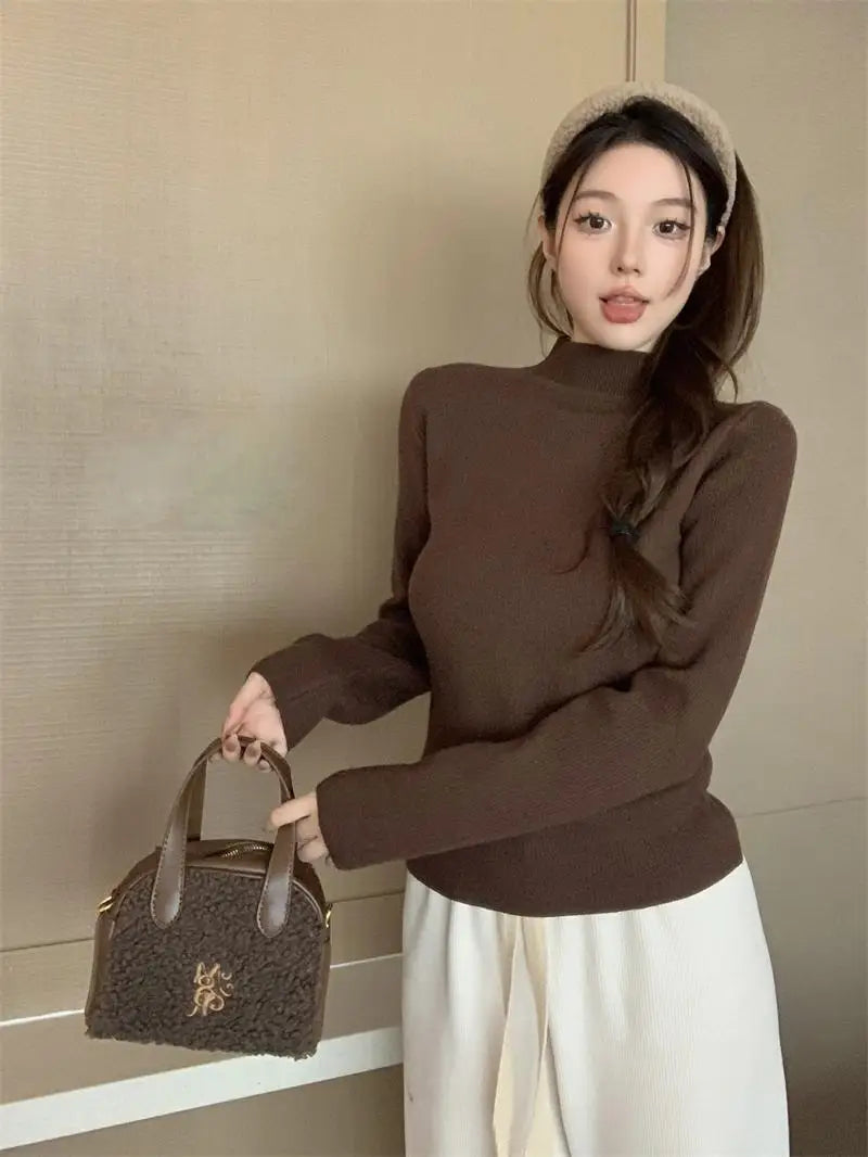 Solid Warm Elegant Fashion Half Turtleneck Sweater Women 2023 Autumn Winter Vintage Basic Long Sleeve Plush Pullover Tops Simple