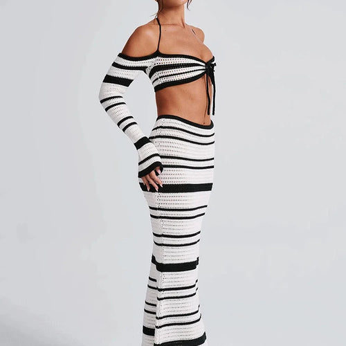 Load image into Gallery viewer, Striped Knit Skirt Two Piece Sets Women Strapless Long Sleeve Crop Tops And Maxi Skirt Sexy Two Piece Sets Knitwear
