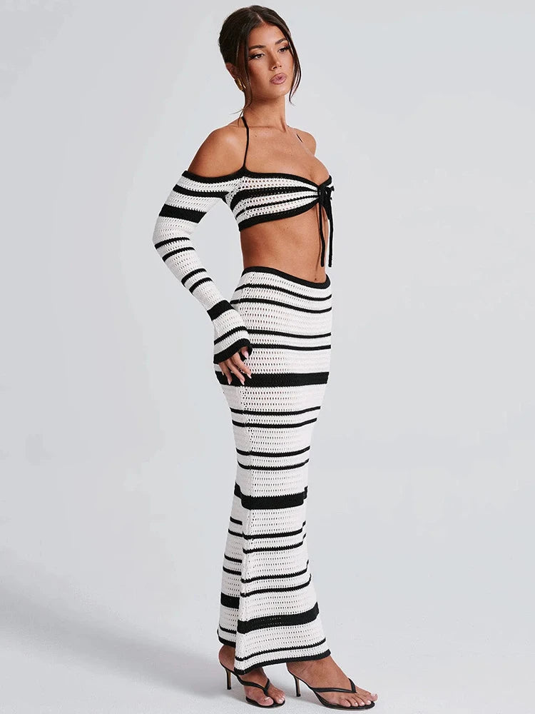 Striped Knit Skirt Two Piece Sets Women Strapless Long Sleeve Crop Tops And Maxi Skirt Sexy Two Piece Sets Knitwear