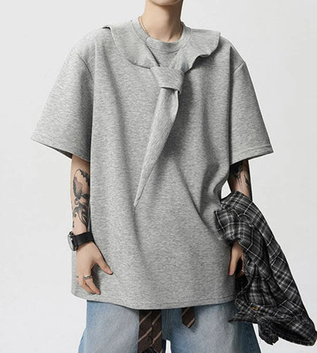 Men's T-shirts Short Sleeve Solid Color Trendy New Korean Style Tie Design Round Neck Pullover Male Clothing 9W1943