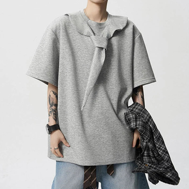 Men's T-shirts Short Sleeve Solid Color Trendy New Korean Style Tie Design Round Neck Pullover Male Clothing 9W1943