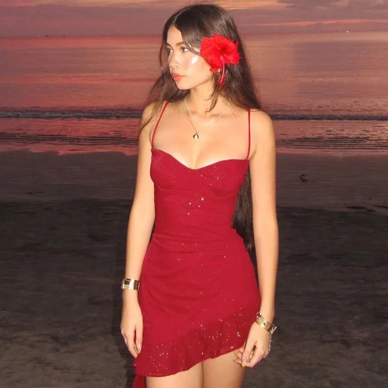Spaghetti Strap Ruffled Sexy Mini Dress For Women Red Fashion Sleeveless Backless High Waist A-line Club Party Dress