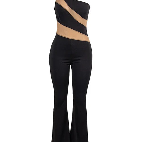 Load image into Gallery viewer, Sleeveless 2024 Summer New Diagonal Shoulder Sexy Mesh Panel Flare Pants Women Jumpsuit Elastic Tight Casual Jumpsuit
