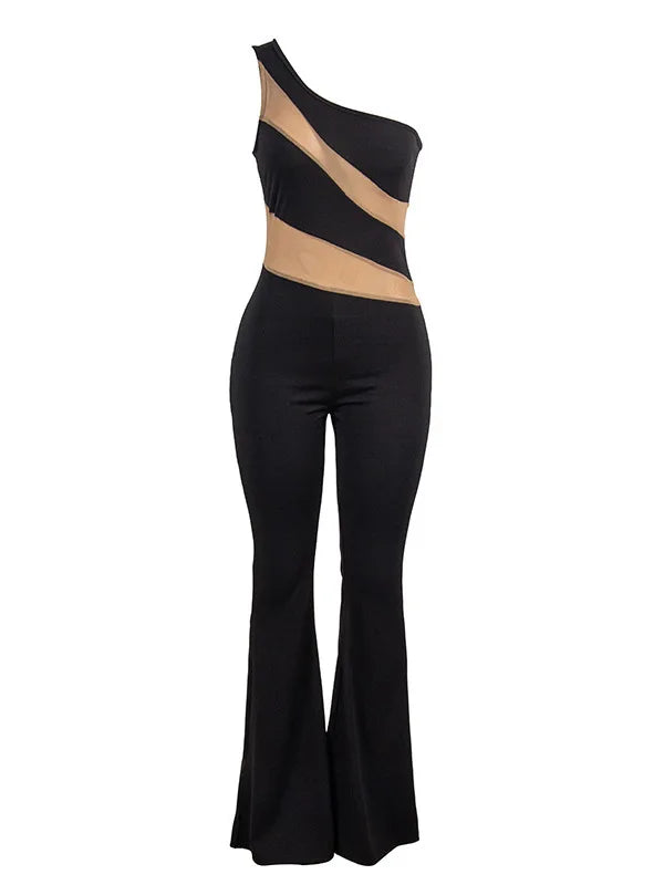 Sleeveless 2024 Summer New Diagonal Shoulder Sexy Mesh Panel Flare Pants Women Jumpsuit Elastic Tight Casual Jumpsuit