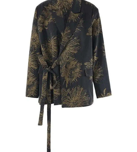 Women Black Pattern Printed Bandage Big Size Vintage Blouse New Lapel Long Sleeve Shirt Fashion Spring Autumn 2025 CPG2109