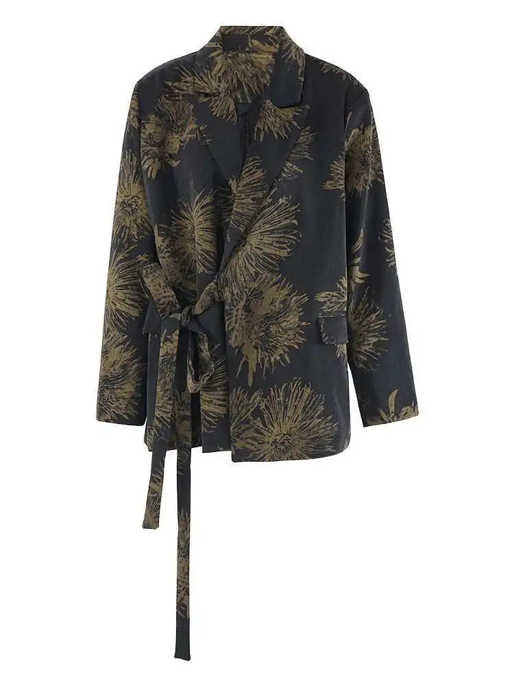 Women Black Pattern Printed Bandage Big Size Vintage Blouse New Lapel Long Sleeve Shirt Fashion Spring Autumn 2025 CPG2109