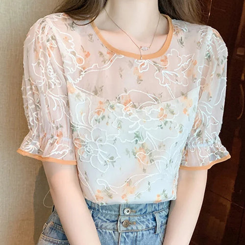 Load image into Gallery viewer, Printed Lace Summer New Women’s Blouses Embroidery O-neck Puff Sleeve Female Blouse Elegant Fashion Streetwear Outfits
