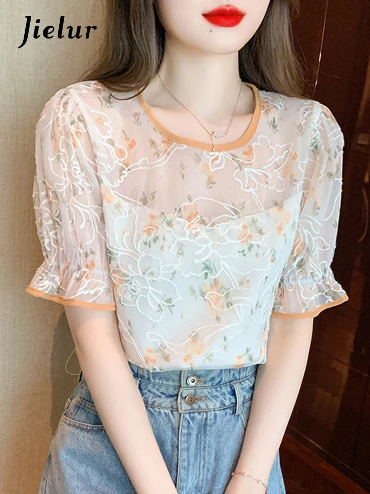 Printed Lace Summer New Women’s Blouses Embroidery O-neck Puff Sleeve Female Blouse Elegant Fashion Streetwear Outfits