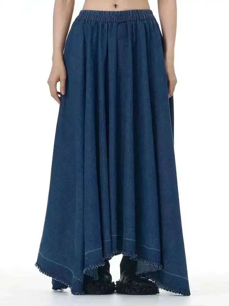 High Elastic Waist Black Denim Irregular Burr Denim Long Half-body Skirt Women Fashion Tide New Spring Autumn 2025 1DH8220