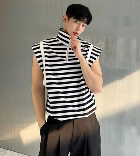 Fashion Men's Sleeveless T-shirt Stripe Male Top Stand Collar Contrast Color Men Top Summer Stylish Tide 9A7944