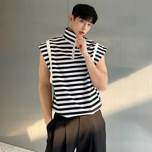 Load image into Gallery viewer, Fashion Men&#39;s Sleeveless T-shirt Stripe Male Top Stand Collar Contrast Color Men Top Summer Stylish Tide 9A7944
